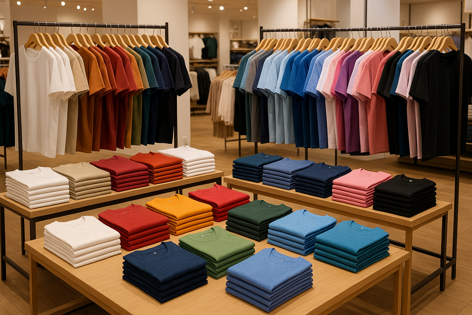 T shirts folded on tables and hanging on racks