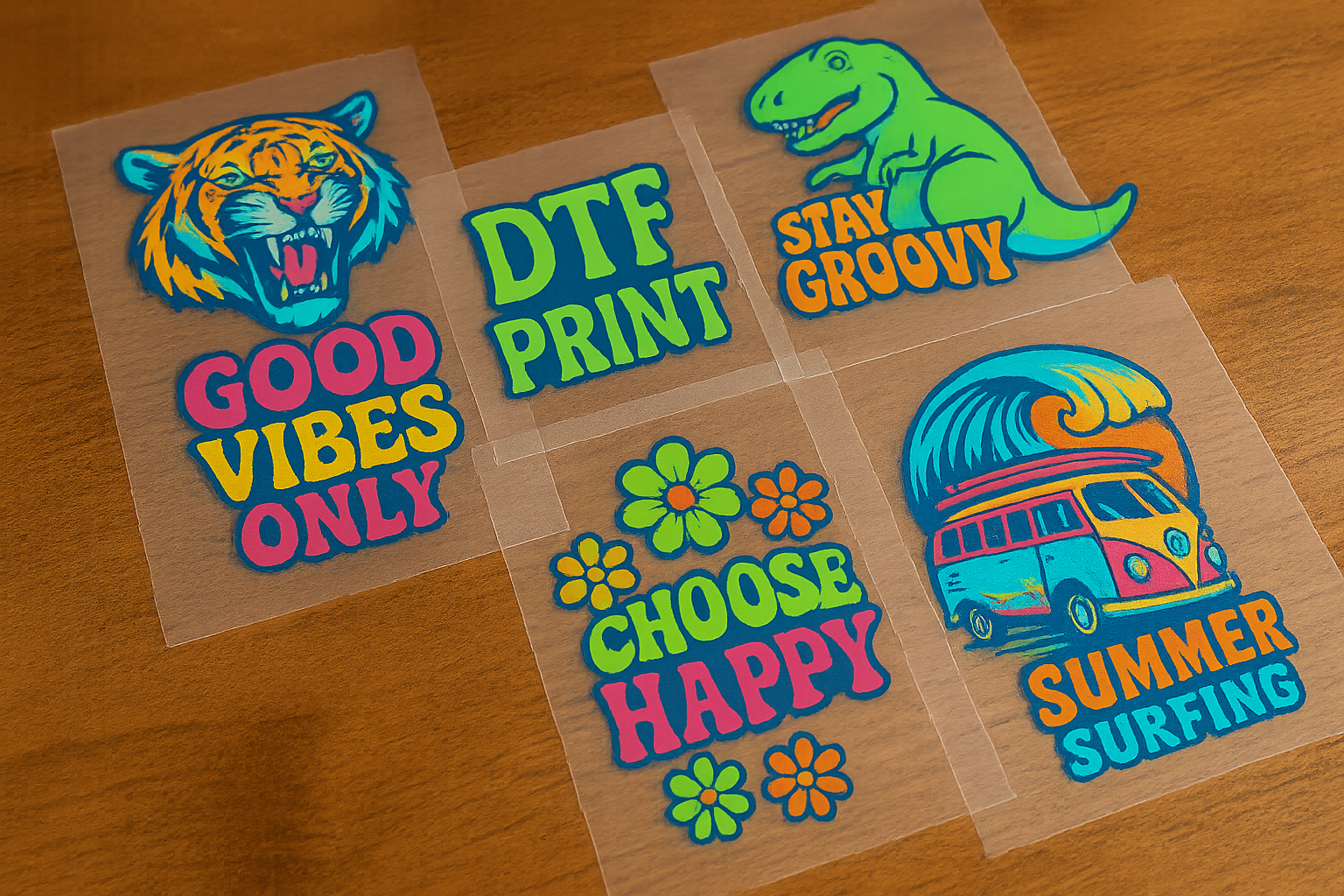 vibrant DTF prints with a clear background on a table.